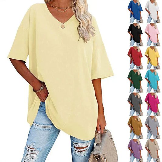 🌷Sommerudsalg 2026 – 50 % RABAT☀️Tankaneo T-shirts til kvinder i store størrelser med V-udskæring, sommer-T-shirts med halvlange ærmer, afslappet, løs pasform, bomuldstunika