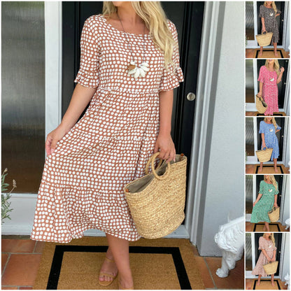 🔥Stort udsalg – 50 % RABAT!!💕Midi-kjole til kvinder med prikker | Elegant A-formet sommerkjole med rund hals og åndbart stof | Chic og afslappet Mary-kjole til stranden og byvandringer