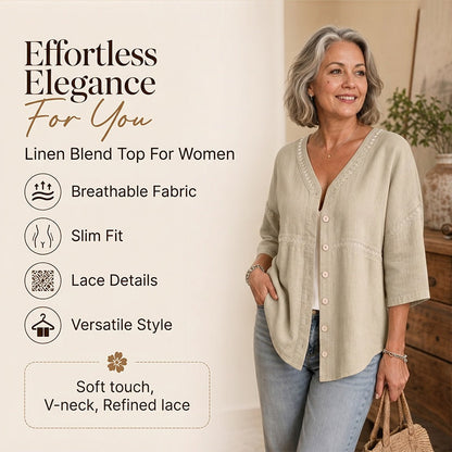 👚Damebluse med V-udskæring, blonder og knapper – Elegant hverdagsbluse✨