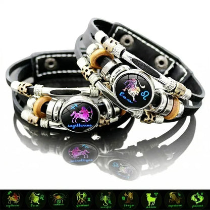 💥Sidste dags tilbud – 50 % rabat ☪️Læderarmbånd med stjernetegn, der lyser i mørket, til mænd og kvinder (6,9/8,1 inches)♑️