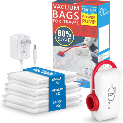🧳 50 % RABAT – TOPTILBUD! ⚡ Pakke med 6–12 kompressionsposer til elektrisk USB-støvsuger – pladsbesparende opbevaring, lufttæt lukning, genanvendelige og holdbare 🌀