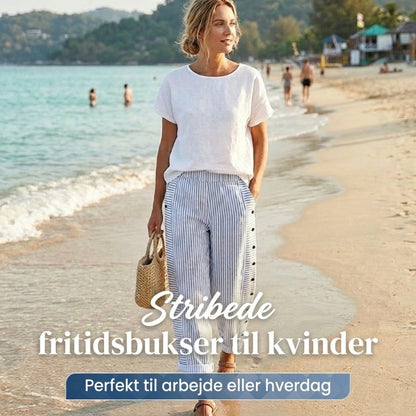 ☀️Forårssalg med 50 % rabat!!🌿🌸Moderne, løstsiddende bukser med blå striber – praktiske sidelommer og slankende pasform