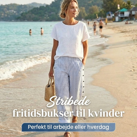 ☀️Forårssalg med 50 % rabat!!🌿🌸Moderne, løstsiddende bukser med blå striber – praktiske sidelommer og slankende pasform