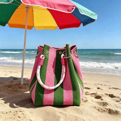 🏆👜 Tidsbegrænset tilbud: 149,95 kr. 🌴Stribet strikket bucket-håndtaske til kvinder – håndlavet sommer-strandskuldertaske