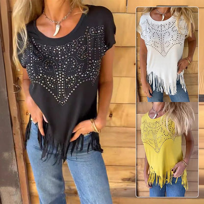 💥 Special sale 👚 women's solid color short sleeve t-shirt with hot print and frayed hem