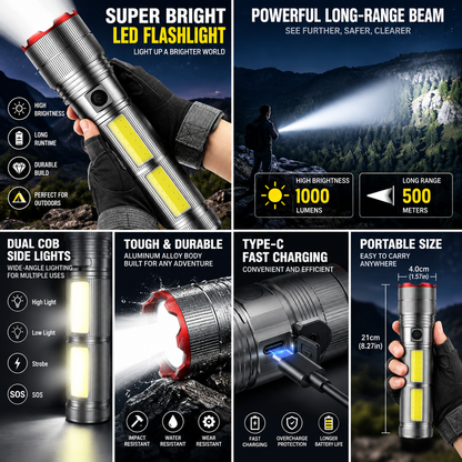 🔦50 % RABAT LIGE NU! Bærbar, kraftig lommelygte med lang rækkevidde – USB-opladelig LED-lommelygte med COB-lys i siden, vandtæt håndholdt lommelygte til camping, vandreture og nødsituationer
