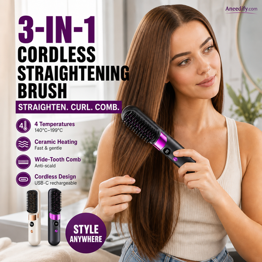 💇‍♀️🔥 3-i-1 trådløs glattebørste – glatter, krøller og udreder håret – genopladelig via USB-C med 4 varmeindstillinger – perfekt hår, uanset hvor du er! ✨
