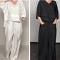 💎 2-delt sæt i bomuld og hør med uregelmæssig kant – top med V-udskæring + bukser med brede ben, åndbart og ubesværet stilfuldt 🍂👚