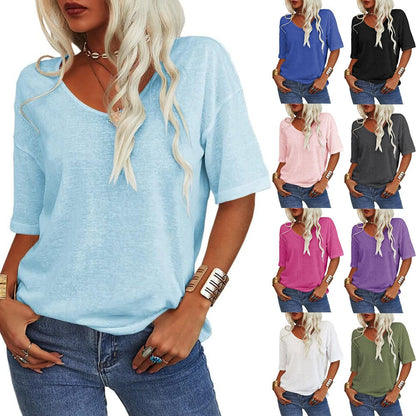 🎀Stort udsalg – 40 % rabat👚V-hals T-shirt i ensfarvet design til kvinder