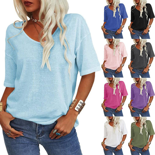 🎀Stort udsalg – 40 % rabat👚V-hals T-shirt i ensfarvet design til kvinder