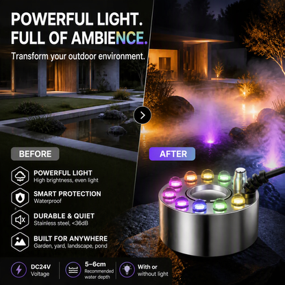 ⏳🔥BEGRÆNSET TILBUD: 50 % RABAT! ⏰💨 Tågemaskine med 12 LED-lamper og ultralyd – Skaber kølig tåge og farverigt lys – Perfekt til luftfugtere, springvand eller Halloween-dekoration – Kører lydløst i vand 💧✨