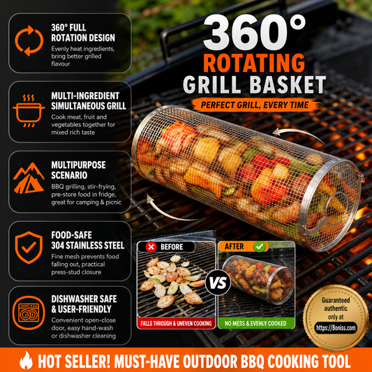 🔥🍖 Tidsbegrænset BBQ-tilbud – 360° rullende grillkurv | Non-stick rotisserie-grillkurv til kød, grøntsager og meget mere