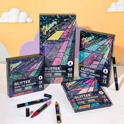 🎨Penselmarkører med glittereffekt🥇✨: Skab glitrende kunst uden besvær 🥳(🌈24–96 farver | Glider let uden at klumpe | Blæder ikke igennem📝)