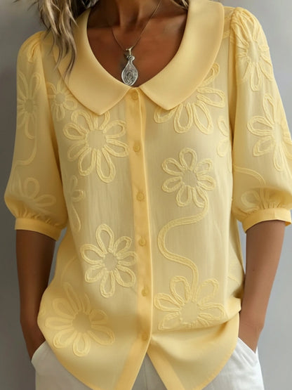 ⏰🔥BEGRÆNSET TID: 50 % RABAT! 🌸 Løstsiddende bomuldsskjorte med blomsterbroderi – vintage Peter Pan-krave og ubesværet chic ✨👚