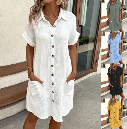 💎50 % RABAT! 💎 Kortærmet skjortekjole med knapper og lommer til kvinder – bomuldsblanding, afslappet pasform og alsidig til hverdagsbrug (M–2XL) 👗🌿