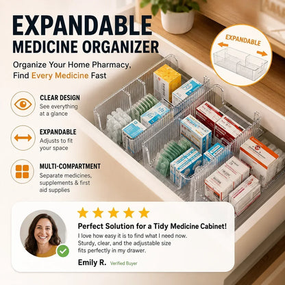 🎉KØB MERE, FÅ MERE GRATIS🎁Gennemsigtig, udvidelig medicinopbevarer — kan udvides og er perfekt til et ryddeligt medicinskab 💊🗄️