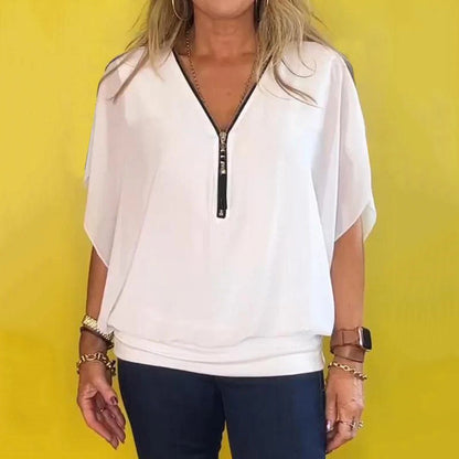 Casual top til kvinder i chiffon med lynlås ved halsen
