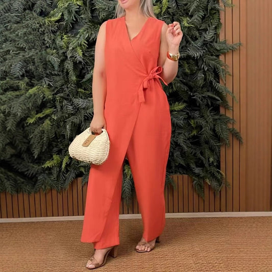 🌸Tidsbegrænset tilbud: 60 % RABAT💝Enfarvet, afslappet jumpsuit med V-udskæring og bindebånd til kvinder