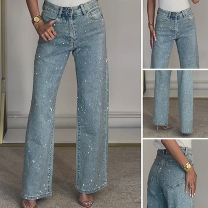 🔥Jeans med lige ben og rhinestones✨Bliv den strålende hovedperson！✨
