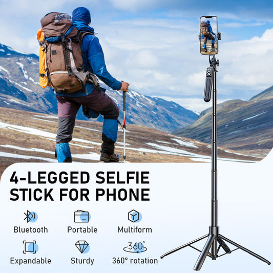 📱 50 % RABAT!! Selfiestang med 4 ben – udtrækkelig med et enkelt tryk, kan forlænges til 180 cm, står stabilt på alle underlag! ✨🎥