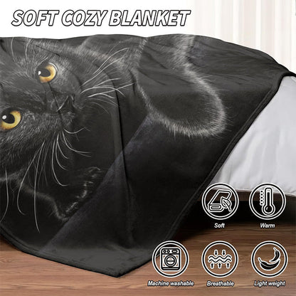 🐈‍⬛🖤 Kæmpe, sort katte-tæppe – Blødt tæppe med katte-motiv til sofaen, sengen og rejser