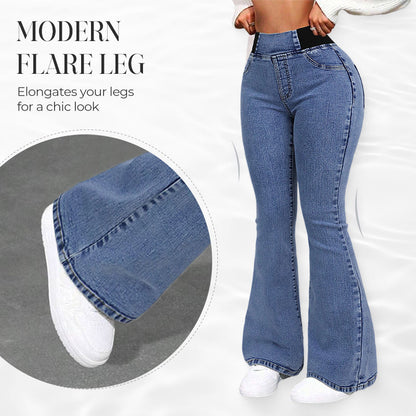 Damejeans med høj talje og udsvungne ben i stretch-denim