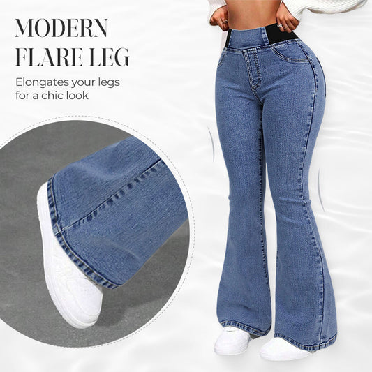 Damejeans med høj talje og udsvungne ben i stretch-denim