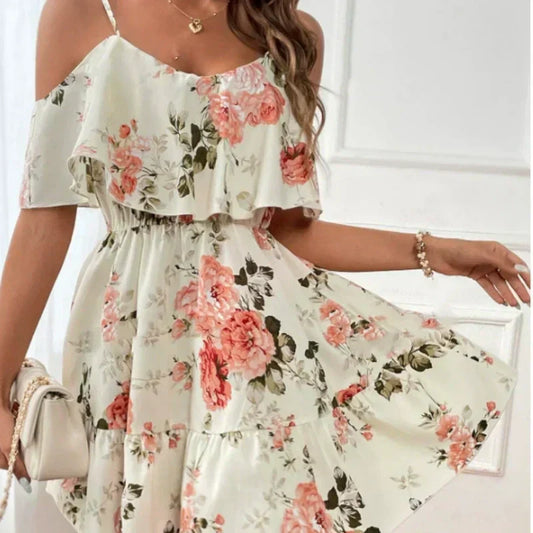 Boho-kjole med blomsterprint og bare skuldre til kvinder