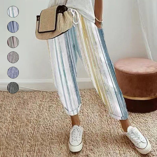 💕Hvad skal jeg tage på i morgen?💕Afslappet stil og komfort med vores stribede bukser i hør og bomuld til kvinder 👖✨