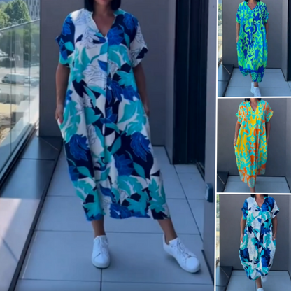 💜Begrænset tilbud: 50 % rabat 👗Elegant, afslappet damekjole med print og V-udskæring