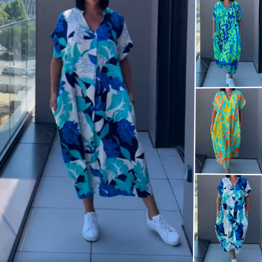 💜Begrænset tilbud: 50 % rabat 👗Elegant, afslappet damekjole med print og V-udskæring