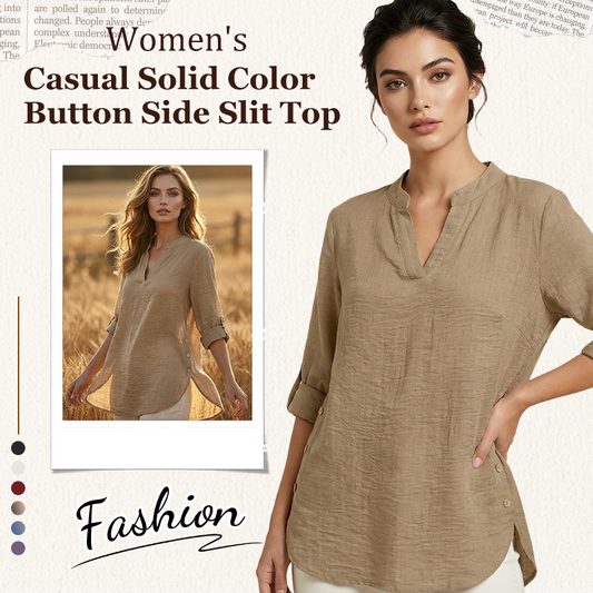 🔥 Hot tilbud 🔥Casual ensfarvet top med knapper og slids i siden