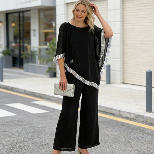 🎁Gratis gave 🎁 Sæt bestående af en elegant poncho-top med pailletkant og bukser med brede ben