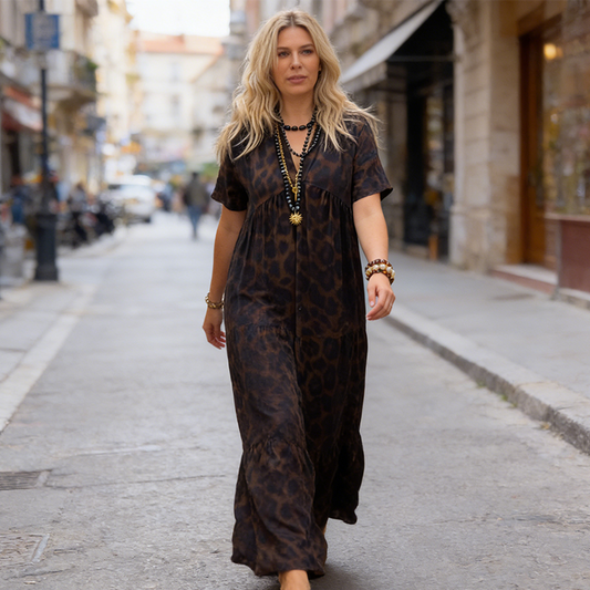 💖Nye varer med 50 % rabat!💖MAXIKJOLE TIL KVINDER MED V-UDSKÆRING OG LEOPARDMØNSTER – med gratis halskæde📿💎