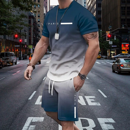 🏖️Sommertilbud: KUN 159,95 kr.!!😎T-shirt og shorts i farveovergang til mænd