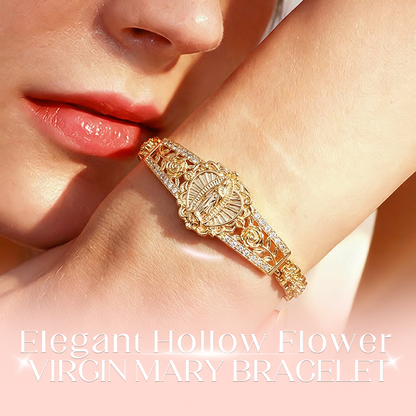 📿50 % RABAT!💥Elegant armbånd med udhulet blomst og Jomfru Maria – filigran-design, forgyldt, inspireret af troen ✨