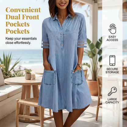 ⭐ 50 % rabat! ⭐ Blå denim-minikjole – krave, blonder på ærmerne, sidelommer. Afslappet møder elegant! 💃