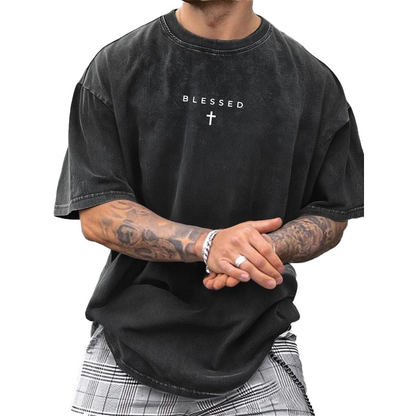 👔 BEGRÆNSET TID: 50 % RABAT! ✝️ Vintage T-shirt til mænd med kryds- og bogstavprint – blød, afslappet pasform, streetwear 🆒