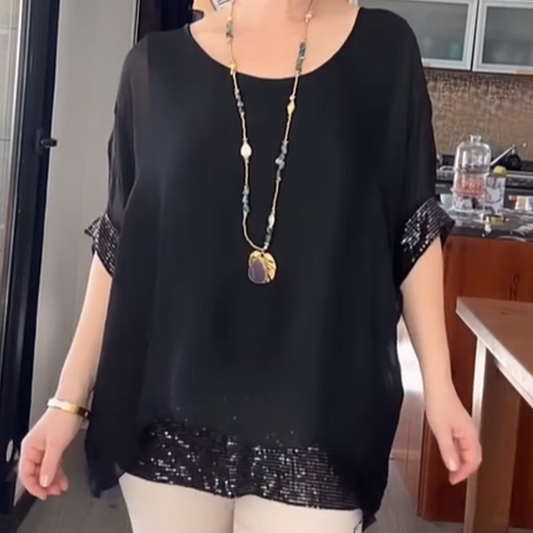 🌟 BEGRÆNSET TILBUD: 66 % RABAT! 👚 Casual bluse til kvinder med rund hals og pailletkant – glitrende, afslappet pasform, alsidig 🎀