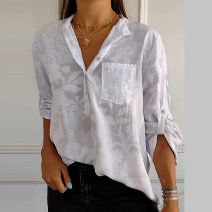 【M-4XL】🥼Casual bluse til kvinder med print på kraven og justerbare ærmer