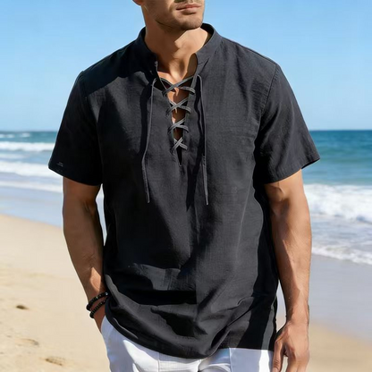 👕 50 % RABAT NU! 🏖️ Casual herreskjorte med snørebånd og korte ærmer – åndbart linneblanding ☀️