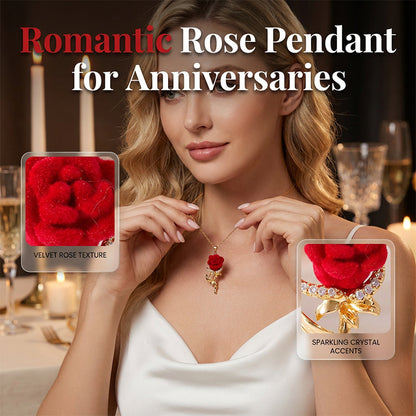 ✨ Elegant halskæde med rød rose-vedhæng – Velvet Bloom, krystalindsatser, guldfarvet ✨