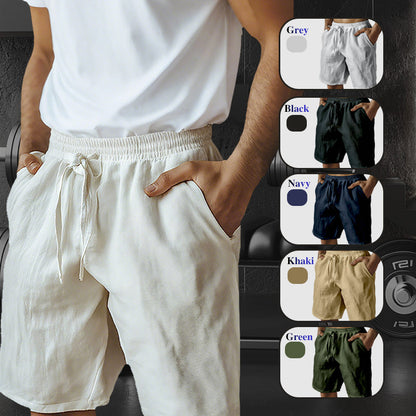 (S–3XL) 🌿Elastiske herreshorts i ensfarvet bomulds- og hørblanding med snør