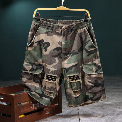 🎁2026 Nye varer 50 % RABAT💥Cargoshorts til mænd med nitter og camouflagemønster – Slidt look, mange lommer og elastisk talje – Robuste cargoshorts i streetwear-stil 🛹