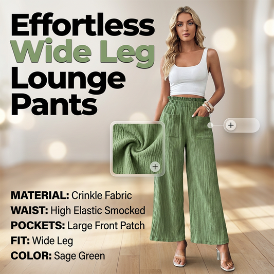 👖 50 % RABAT NU!🌿 Løse, ensfarvede fritidsbukser til kvinder – høj talje, brede ben og krøllet struktur – behagelige hjemmebukser ✨
