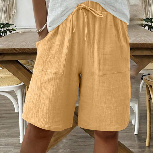 Elastiske shorts i bomuld og hør med høj talje til kvinder