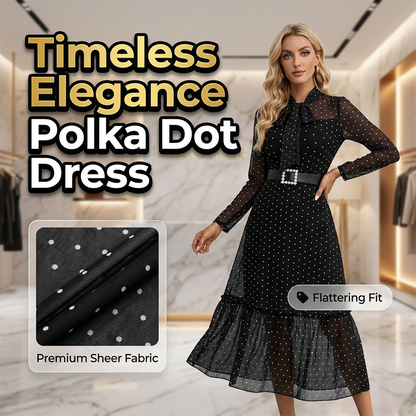 👗 50 % RABAT NU! 💕 Elegant midi-kjole med prikker og bindebånd i halsen