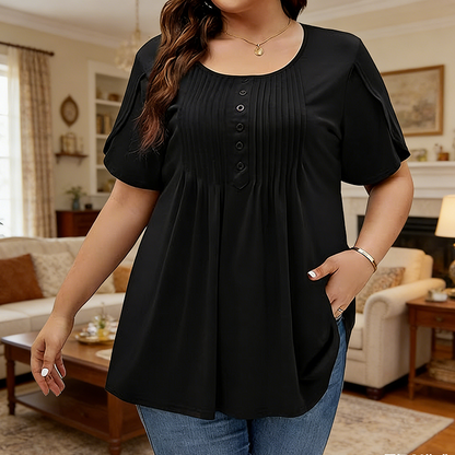 👚 50 % RABAT NU! ✨ T-shirt til kvinder med plissering foran og pufærmer – Blød, åndbar og elegant med pufærmer – perfekt til arbejde, brunch eller forårsdage 🌸