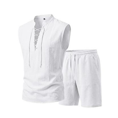 🧵 BEGRÆNSET TILBUD: 50 % RABAT! ✨ Ærmeløst sæt i hør til mænd – top og shorts, snøret, 7 farver ☀️