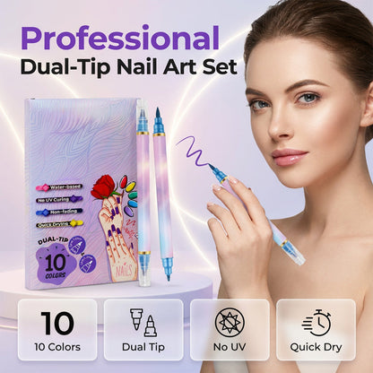 💅🎨 Sæt med 10-farvet neglelakstusch med dobbelt spids – tynde og tykke penne til nemme DIY-negledesigns